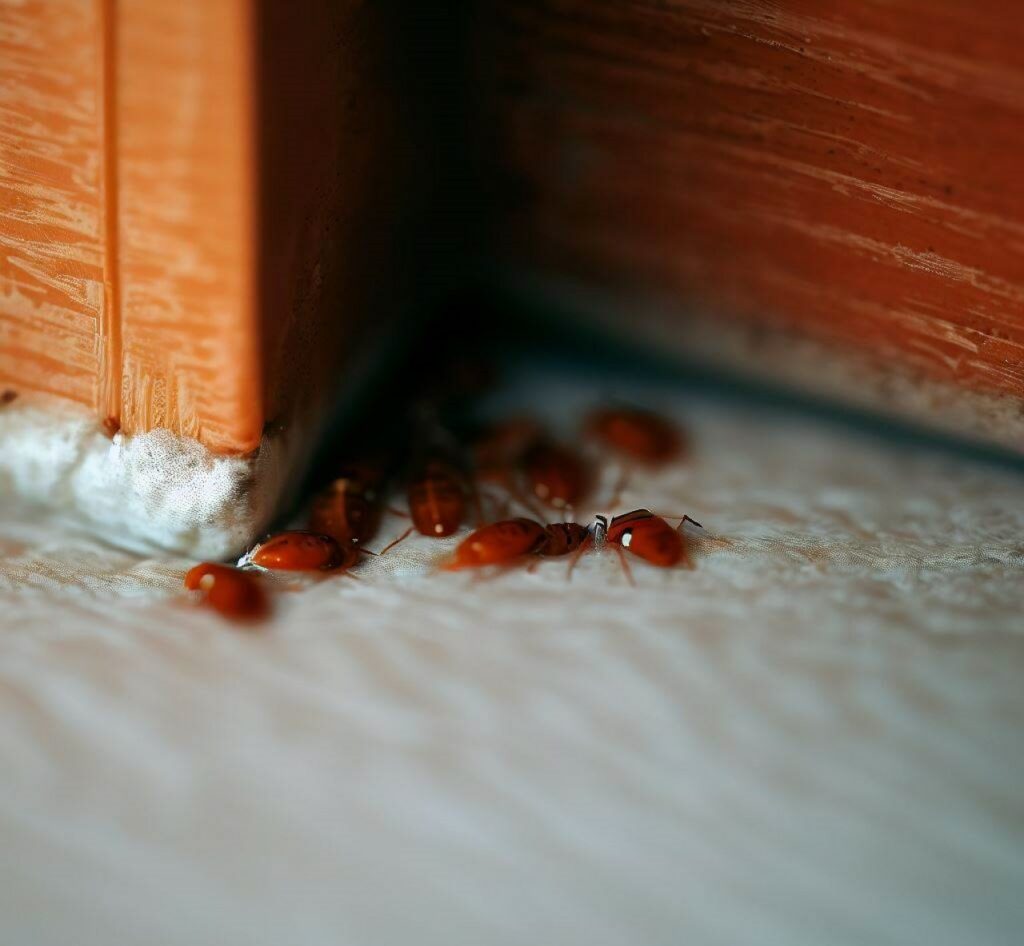 colonia de chinches pueden esconderse en pequeñas grietas y hendiduras en las paredes, muebles y marcos de las camas