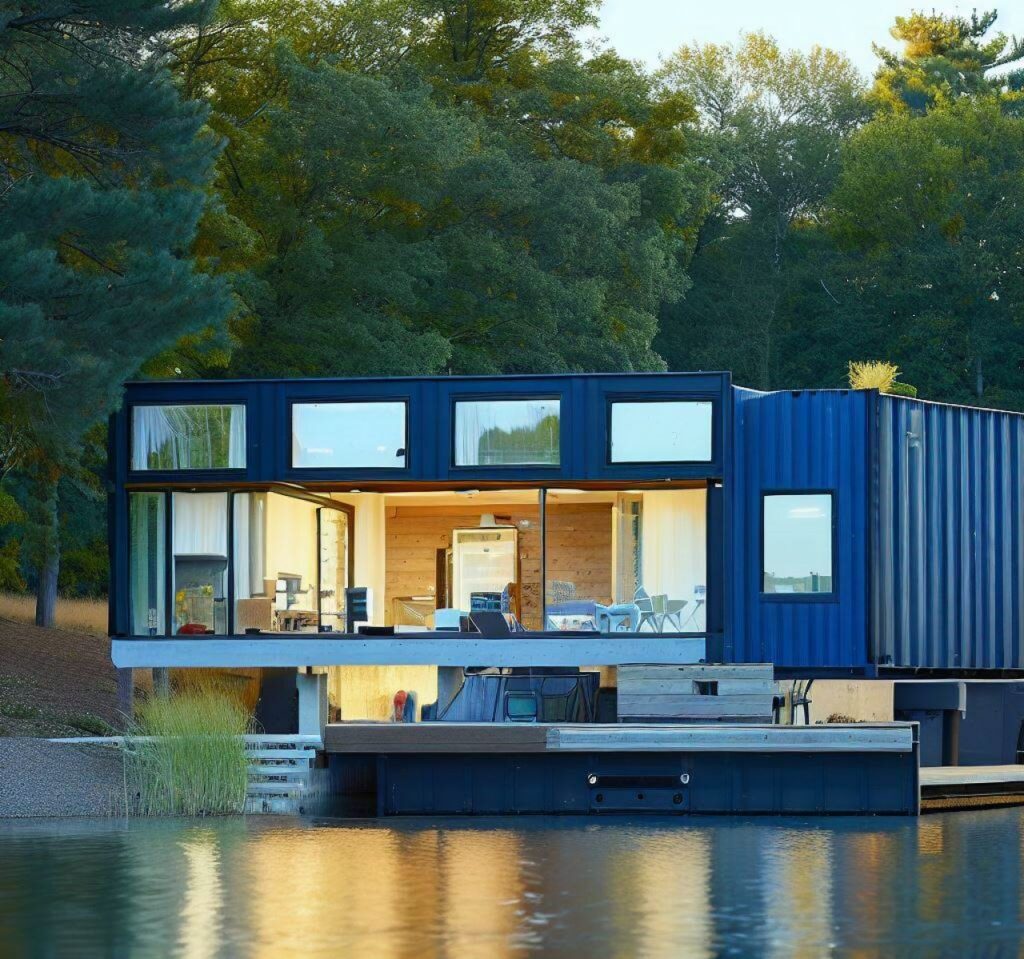 Contenedores conforman una casa situada junto a un sereno lago