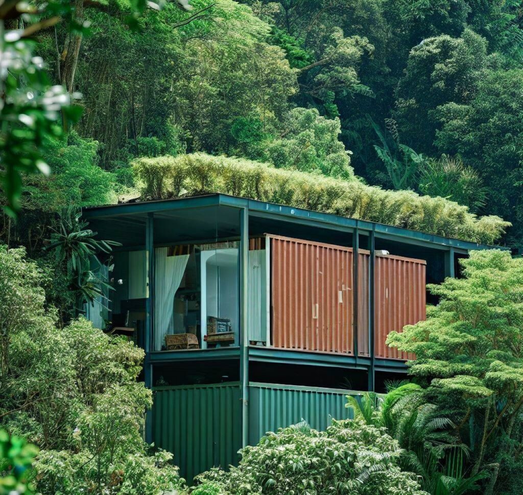 Diseño en contenedores que incorpora materiales naturales, techos verdes y amplias aberturas