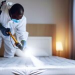 Personal de fumigacion inspecciona colchon en busca de chinches