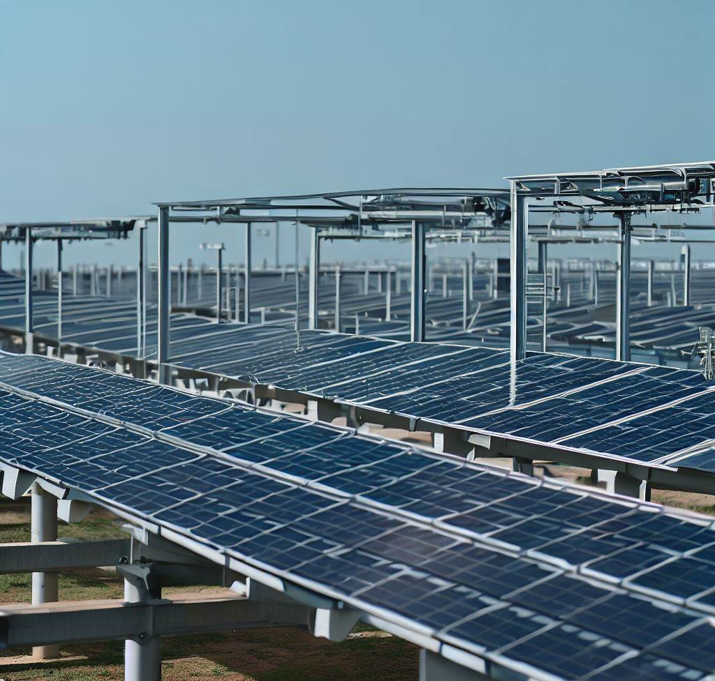 Una granja solar con estructuras metálicas que soportan paneles solares