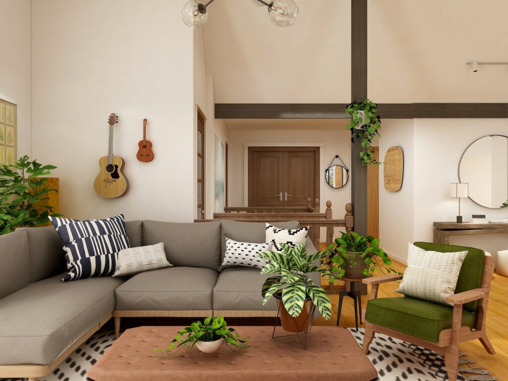 sofa gris con plantas mesa cafe madera
