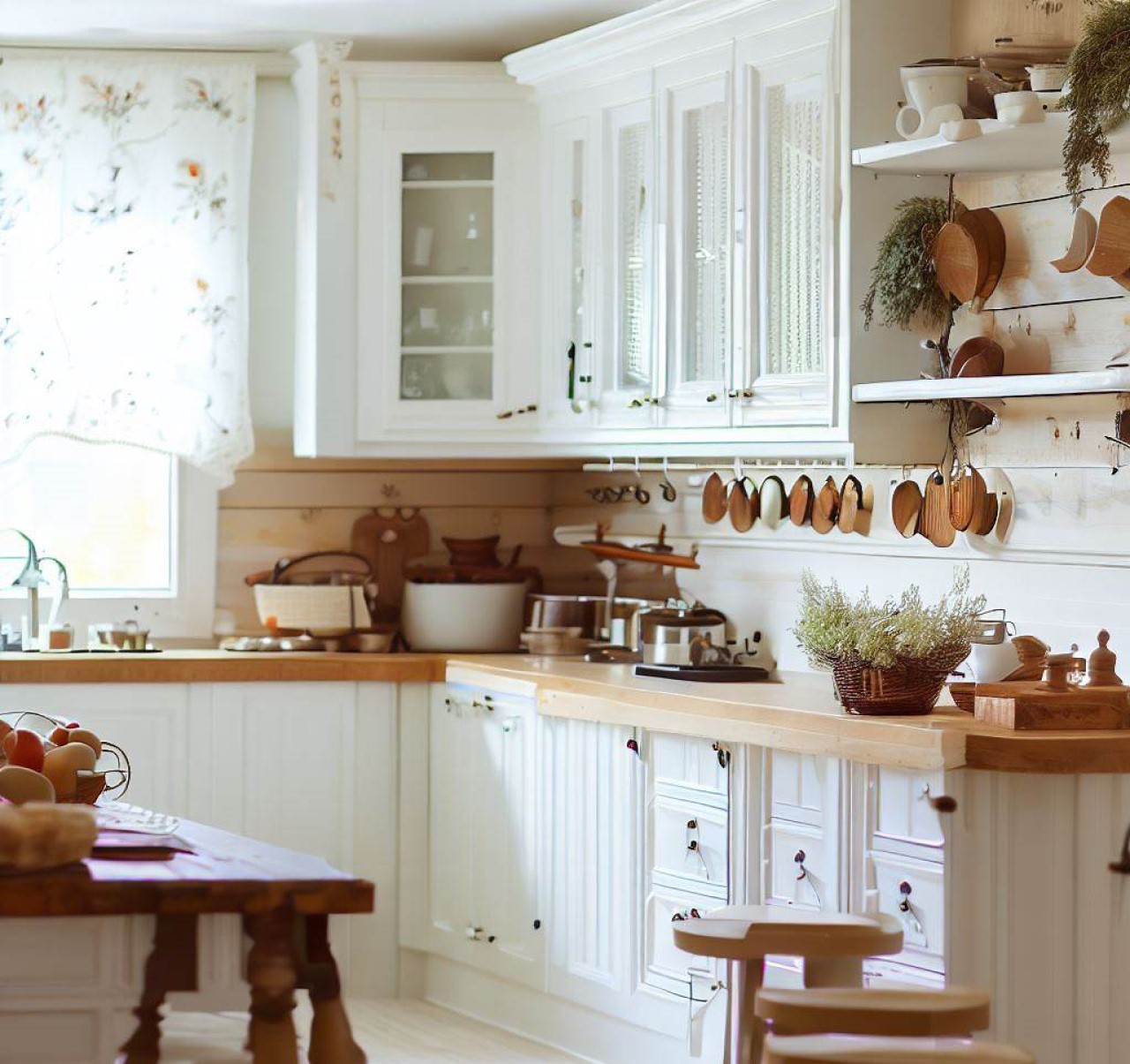 Interior de cocina de estilo rústico con gabinetes modernos blancos