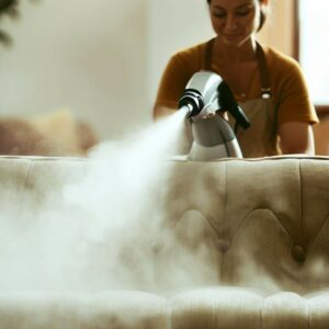 Se está utilizando un limpiador a vapor para limpiar un sofá de tela en una sala de estar