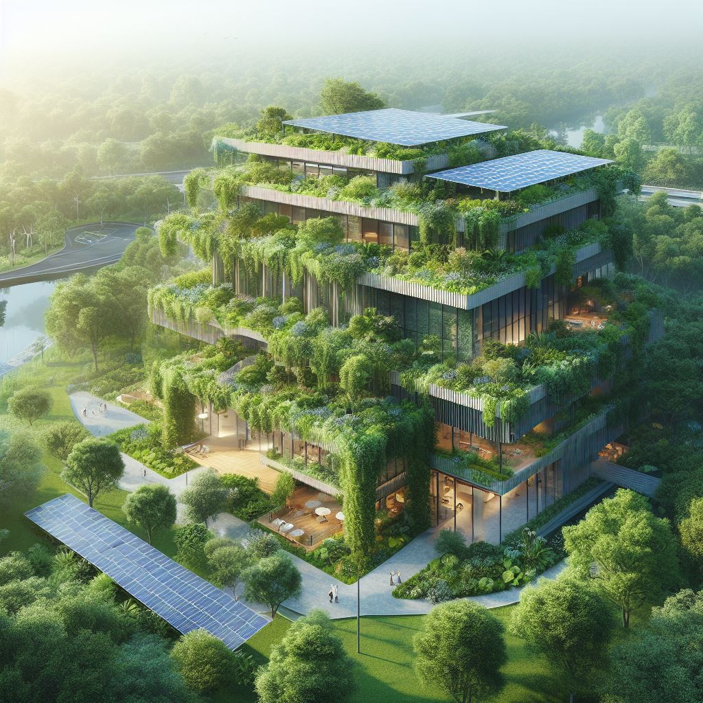 a sustainable building surrounded by lush