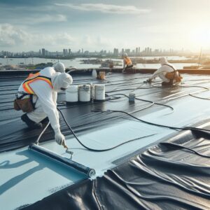 application of waterproofing product on a rooftop