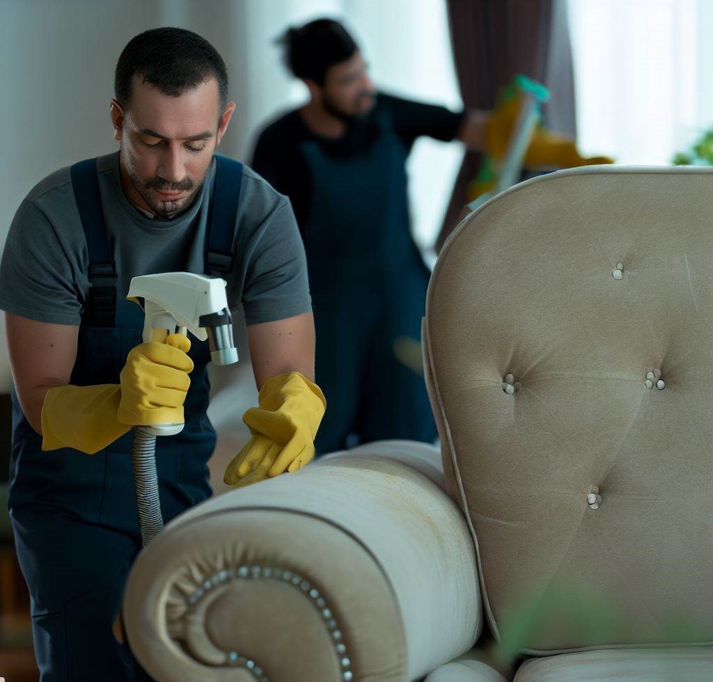 limpiadores profesionales de una empresa de limpieza trabajando diligentemente en la limpieza de tapicería